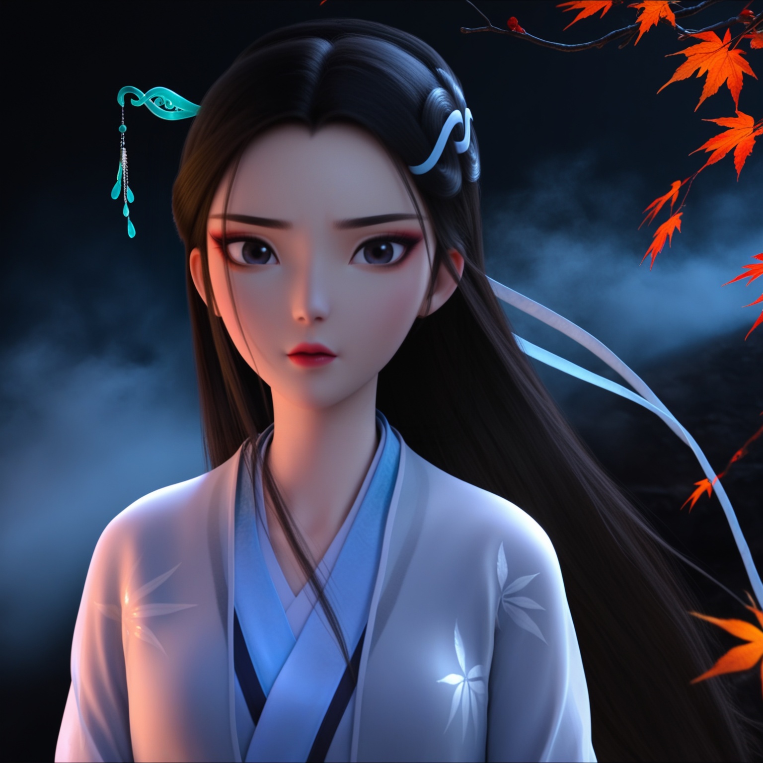 (score_9),masterpiece,best quality,absurdres,highres,(white_skin),light_skin,BREAKcollarbone,<lora:白素贞-ill:0.83>,1girl,solo,long hair,black hair,hair ornament,hairpin,hair ribbon,hanfu,maple leaf print,looking at viewer,front view,light blush,(upper body),BREAKsimple background,black background,rim light,Tyndall effect,Cinematic Lighting,fog,twig,branch,glowing,