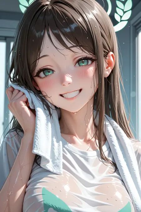 1girl,airi_\(blue_archive\),betabeet,blue_archive,blush,breasts,brown_hair,green_eyes,green_halo,grin,halo,highres,looking_at_viewer,shirt,sidelocks,smile,solo,towel,towel_around_neck,upper_body,wet,wet_hair,white_shirt