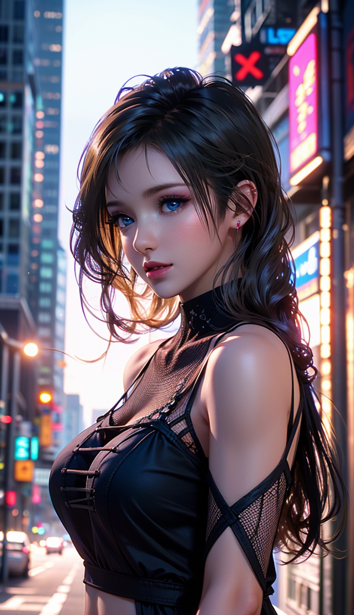 Best quality,masterpiece,ultra high res,realistic,photorealistic,(upper body:1.2),(front view:1.2),1girl,thighhighs,miniskirt,high heels,mesh top,pretty hands,window,cityscape,blue eyes,<lora:monica3rface-000005:0.75>, monica,blue eyse,