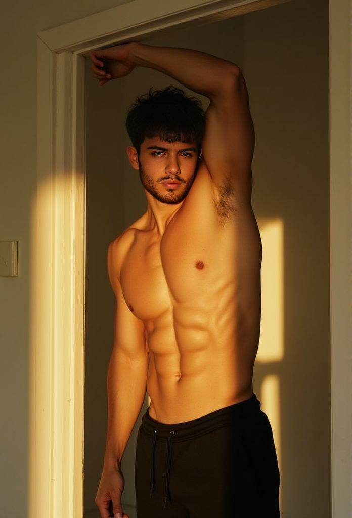 aaron owen ,  A cinematic selfie. standing in a doorway. wearing black joggers only. He raises one arm overhead to touch t...