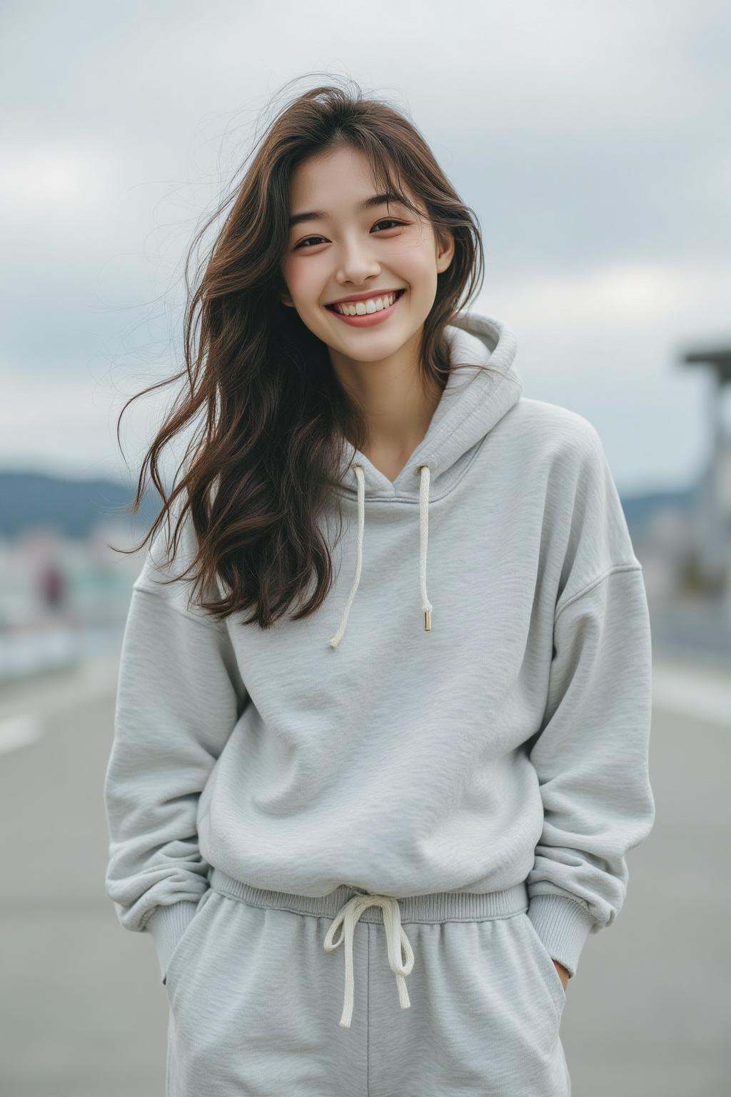midjourney photograph.A young Korean woman with long wavy hair is standing outdoors,  wearing a light-colored hoodie and m...
