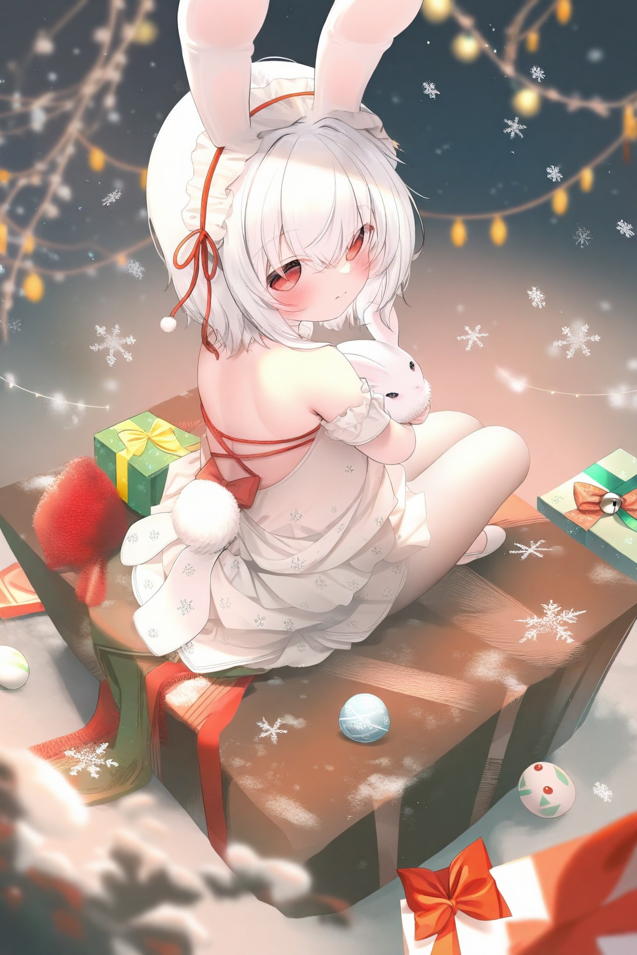 1girl, snow rabbit, red eyes, animal ears, solo, snowflakes, dress, rabbit ears, sitting, white hair, white dress, rabbit, pantyhose, looking at viewer, christmas ornaments, bow, red bow, short hair, holding, white choker, white pantyhose, gift, rabbit tail, looking back, tail, pom pom (clothes), white footwear, box, closed mouth, christmas, ribbon, hairband, red ribbon, hair bow, blush, white hairband, backless dress, animal, rabbit girl, from above, pleated dress, hair ornament, headdress, hair between eyes, backless outfit, from behind, christmas lights, full body, bell, food, easter egg, choker, ballet slippers, frilled hairband, holding animal, shoes, frilled dress, layered dress, gift box, back bow, blurry, easter, frills, snow, fake animal ears, snowflake background, depth of field, bare shoulders, off-shoulder dress, sleeveless dress, pom pom hair ornament, looking up, snowflake print, hair ribbon <lora:ch_p-000021:1><lora:ch_p-000021:1>