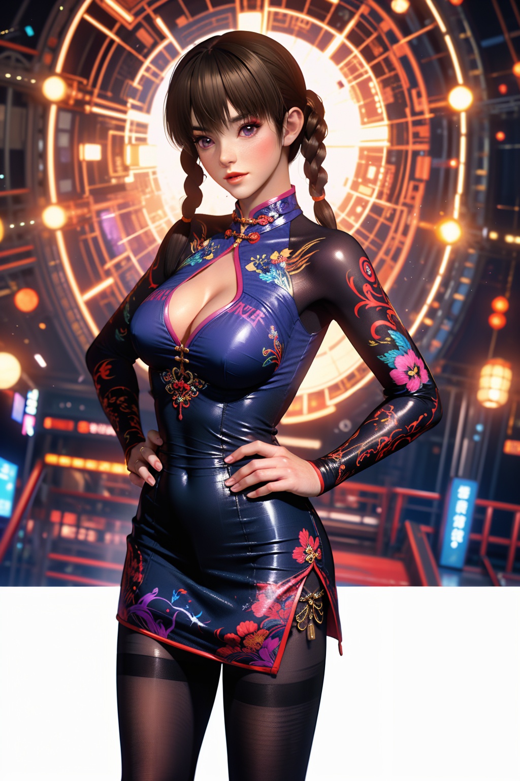 1girl,(solo:1.1),((masterpiece,high quality,best quality,8k,wallpaper,fine lineart,highly detailed,absurdres)),model,thin,cheongsam,china_dress,(pantyhose:1.1),large breasts,Bustling city,standing,hands on hips,front view,(dutch angle:1.1),(fisheye:1.2),cowboy shot,pretty hands,perfect hands,leifang,Best quality,masterpiece,ultra high res,<lora:leifang2rface-000005:0.7>,purple eyes,