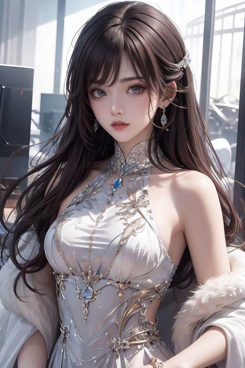 upper body,1girl,brown hair,dress,jewelry,long hair,looking at viewer,solo,