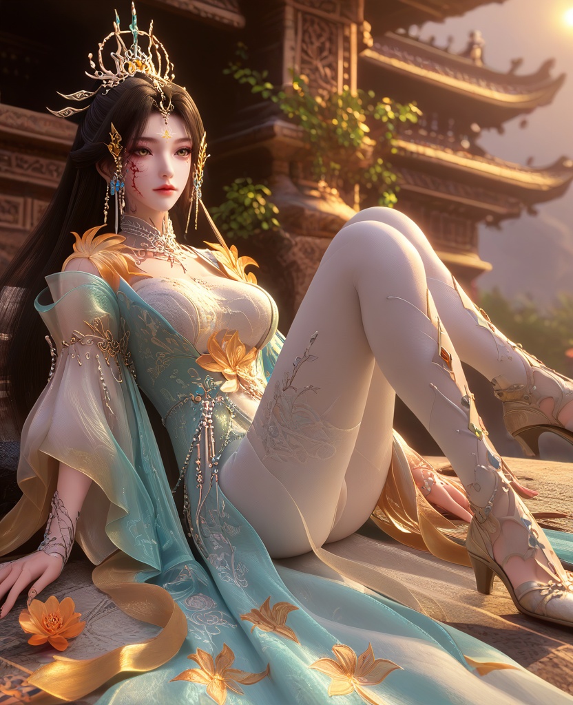 (oriental architecture, elegant decor, sophisticated style:1.1),(Sitting with one leg bent in and the other bent back,:1.1),feet out of frame,(large breasts:1.2),shoes,<lora:XL16云深不知梦羲和四相融合:0.95>,miss xihe,cyan hanfu coat over white base dress,yellow hagoromo,yellow eyes,facial mark,black hair,half-up ponytail with long cascading hair,very long hair,hair ornament,jewelry,collar,faux floral embellishments,white leggings,, score_9,score_8_up,score_7_up,score_6_up,score_5_up,score_4_up,3d rendering,tag1,tag2, Cinematic Lighting,backlighting,