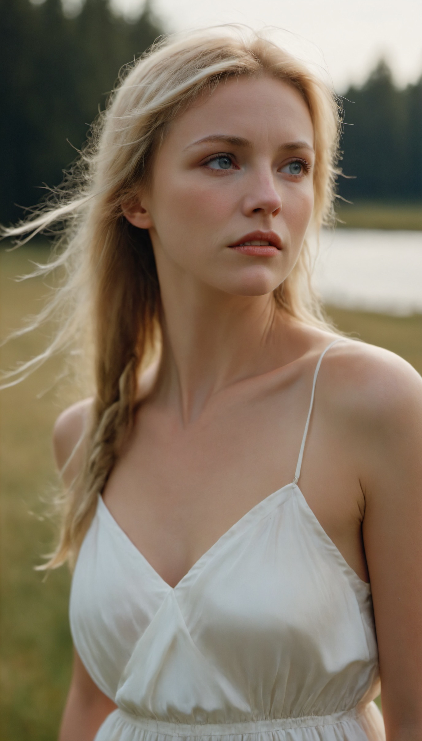An outdoor close-up portrait of a Nordic woman wearing a silk white sundress,  with a sexy expression,  leaning forward on...