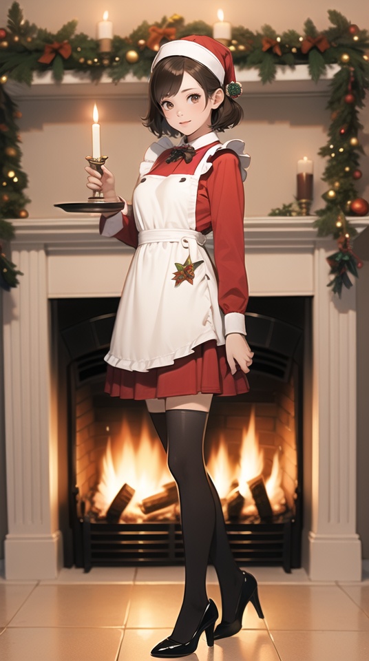 (best quality), ((masterpiece)), (highres), illustration, original, extremely detailed,1girl, fireplace, christmas tree, solo, thighhighs, brown hair, short hair, high heels, brown eyes, christmas, standing, candle, looking at viewer, maid, apron, gift