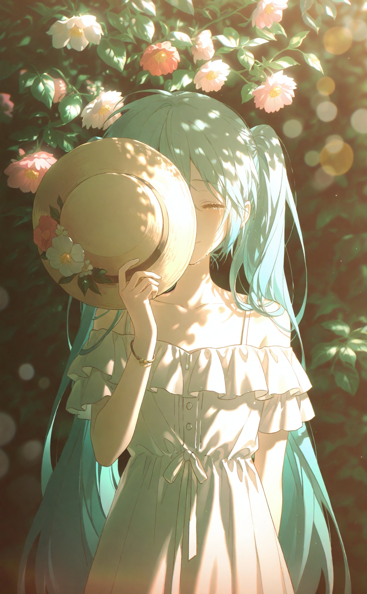 konya karasue,1girl, hatsune miku, flower, solo, long hair, hat, holding, dress, holding hat, white flower, closed eyes, unworn headwear, white dress, holding clothes, facing viewer, twintails, blurry, smile, sun hat, unworn hat, upper body, light particles, arm behind back, aqua hair, pink flower, blurry background, closed mouth, leaf, one eye covered, plant, collarbone, depth of field, crying, very long hair, tears, outdoors, bokeh, off-shoulder dress, glint, off shoulder, hand up, sunlight, covering one eye, covering face, jewelry, bracelet, blue hair, yellow headwear, short sleeves, sundress, dappled sunlight, red flower, bare shoulders, backlighting, sidelighting, bush, arm at side, ^_^, floral background, lens flare, hat over one eye, hair between eyes, ribbon, straw hat, light smile, hat flower, light, nature, happy, shade, sidelocks, wristband<lora:konya666up-000025:0.8>