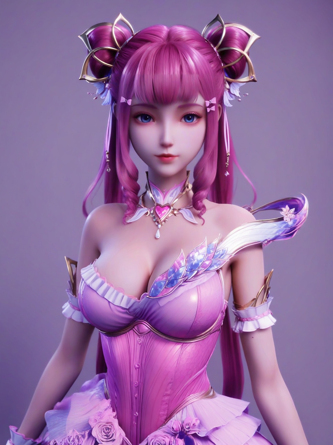 score_9,<lora:SF_ChenYingErSecondClothes_Pony_Realism2.3-000004:0.7>,hair ornament,pink dress,1girl,breasts,large breasts,standing,solo,upper body, looking at viewer,simple background,