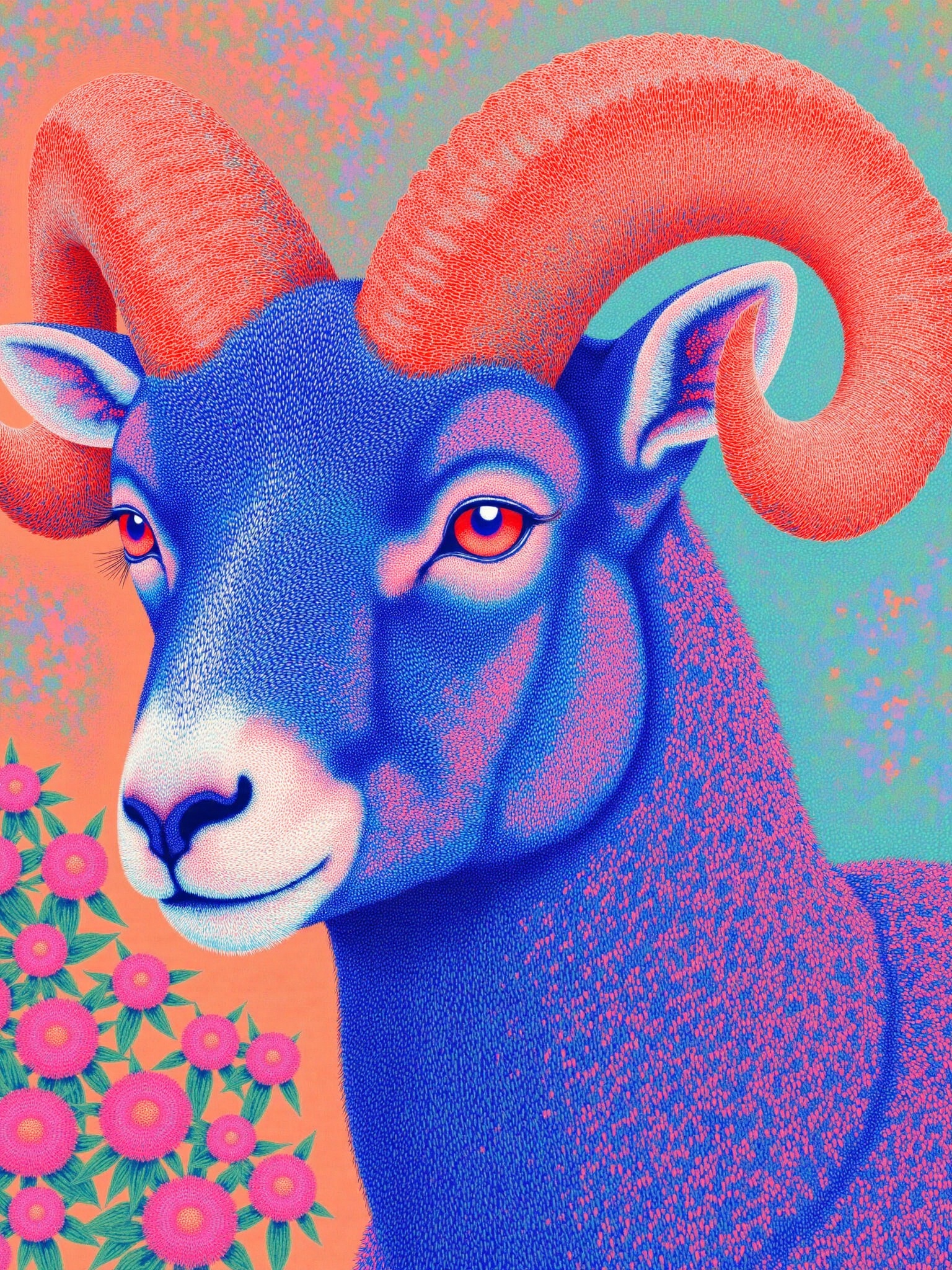 A blue bighorn sheep with red eyes, in the style of Pointillism, with a colorful background, in the style of Matisse and in the style of Millefiori by Frank Frazetta