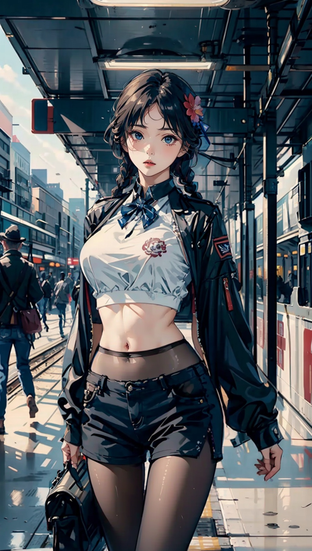 ((masterpiece)),best quality,perfect anatomy,8K wallpaper,mWaistSilk,pantyhose,shirt,crop top,1girl,hair_flower,twin braids,cowboy_shot,standing,train station,<lora:mWaistStockings:0.7>,
