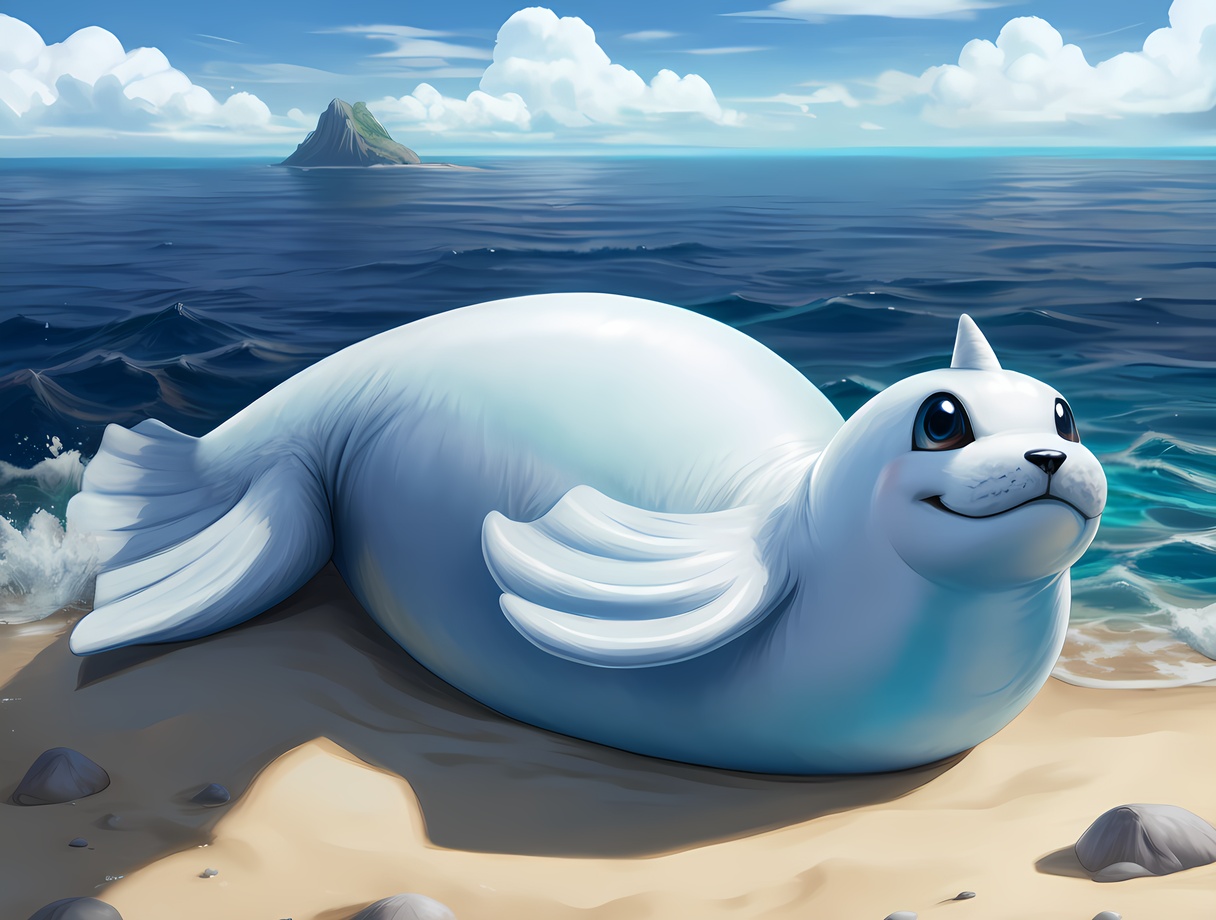 Masterpiece,Best Quality,dewgong,white body,full body,feral,perfection detail,extreme detail,solo,<lora:dewgong:0.8>,flipper,no humans,pokemon \(creature\),single horn,ocean,moshimoshibe fur,