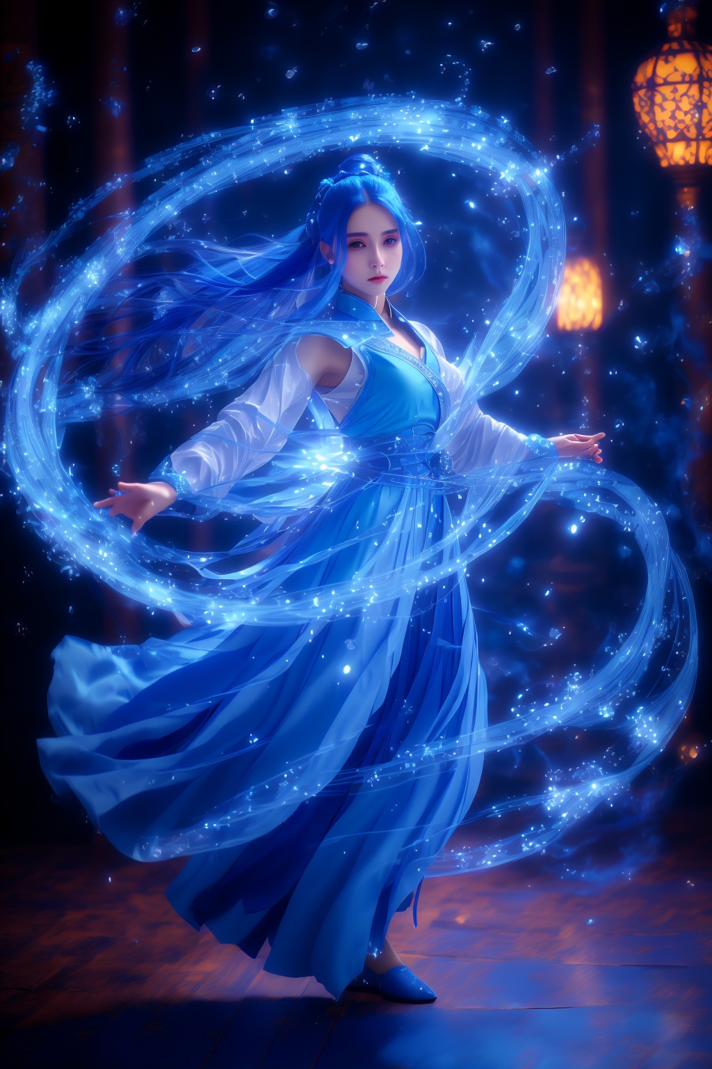 blue-aura,using blue-magic,blue-magic,ancient-costume,dancing,fighting stance,1girl,solo,<lora:magic_fighting_blue_with_reg_4_512_15:0.8>,