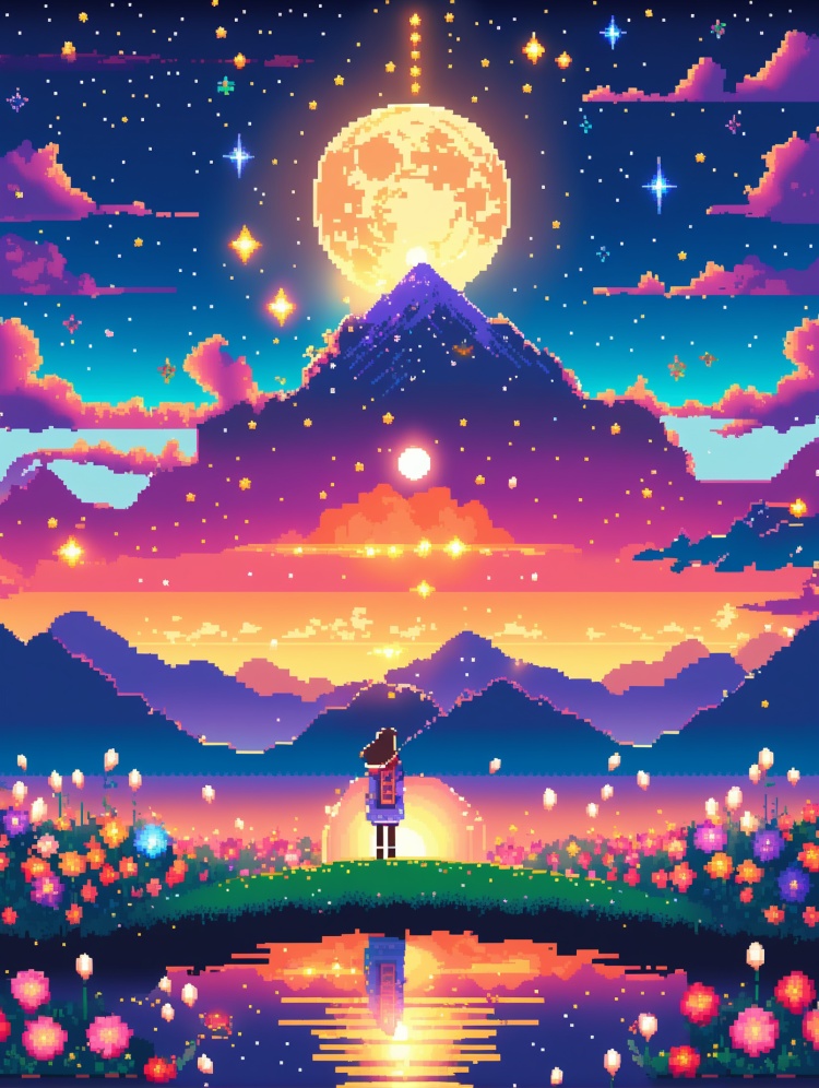 pixel art,(Best quality),(masterpiece),(detailed details),movie poster,the rendered night sky is full of mystery and magic,as if in the distant space. Bright stars,or dense or sparse,like a pearl inlaid on the sky. The sky is full of flowers,cute and detailed digital art,and anime illustrations,