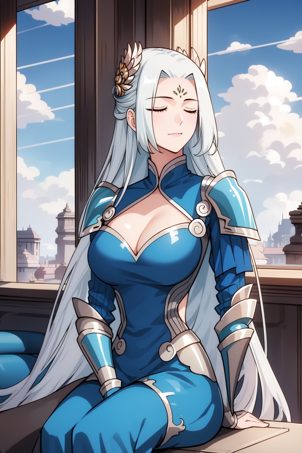 1girl,armor,blue dress,blue sky,breasts,cleavage,closed eyes,cloud,cloudy sky,curtains,day,dress,facial mark,hair ornament,indoors,long hair,sitting,sky,solo,table,very long hair,window,<lora:yunyun:0.8>,glamor,mature_female,mature,<lora:add-detail-xl:0.8>,[[<lora:xmc_v0.3_noobai_cwhj>]],