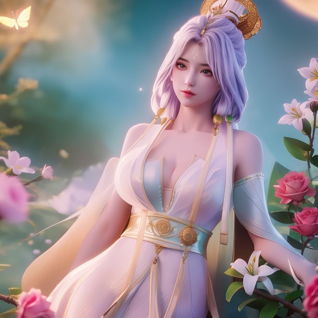 <lora:820-DA-念无双-无双:0.8>, (,1girl, ,best quality, ),,  ,ultra detailed 8k cg,ultra realistic 8k cg,1girl, solo,(bare shoulders:0.85),(masterpiece, best quality),((oil painting style)),sexy young lady,(beautiful face and eyes),(upper body:1.5),(whole body:1.05),(single person:1.2),surrounded by flowers, (lily), roses, floret, vegetation, white, purple, purplish pink,Impressionism,colorful,(Breast size:1.3),(cleavage),, butterfly,(sit),