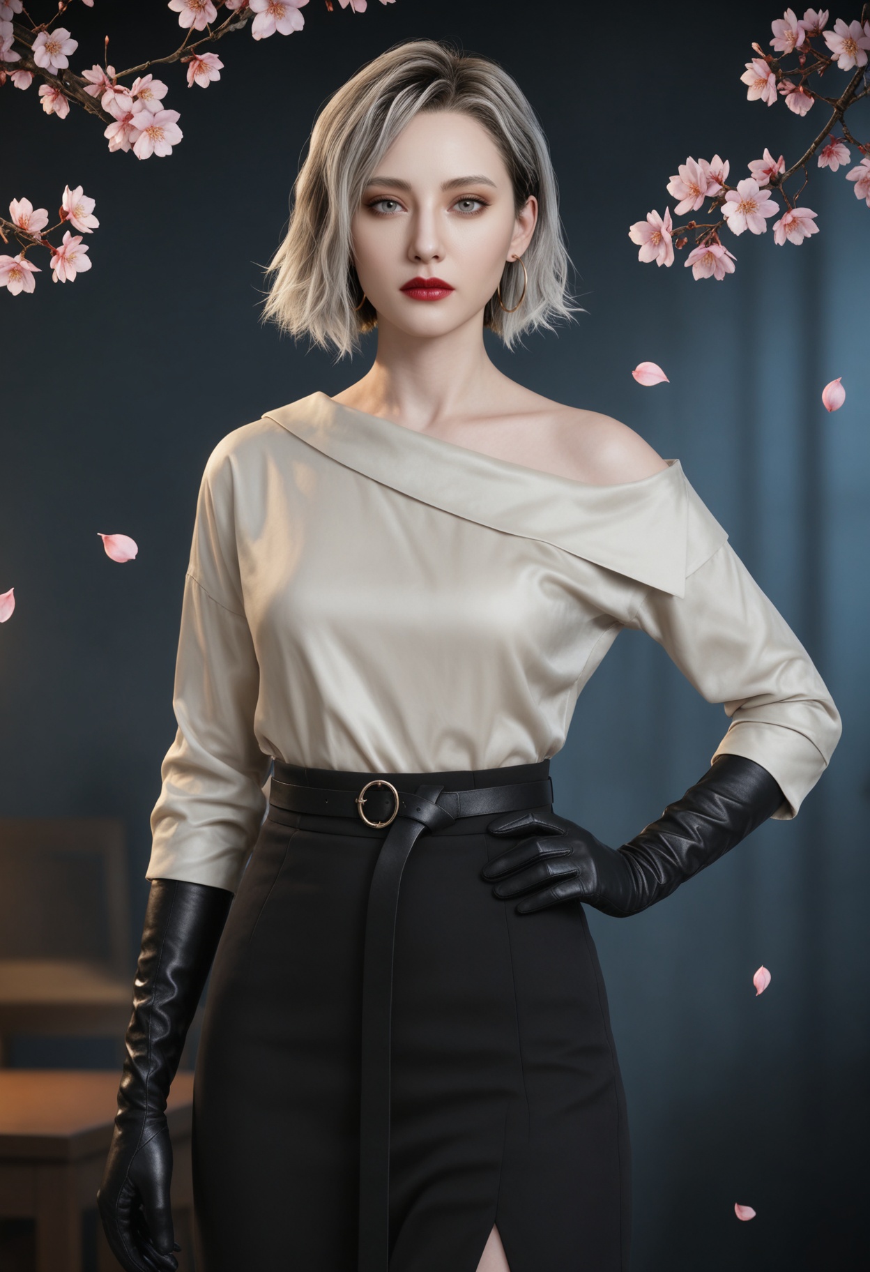 (cowboy shot:1.2),(looking at viewer:1.1),masterpiece,(best quality),smog,Dark room,dim lighting,peach blossom,falling petals,<lora:YQ_Illustrious光辉v5_格蕾丝_V1:0.8>,q1528437228,solo,1girl,short hair,shirt,earrings,jewelry,blonde hair,gloves,black gloves,white shirt,grey eyes,hoop earrings,skirt,grey hair,red lips,black skirt,belt,long sleeves,long skirt,brown eyes,pants,black footwear,black hair,boots,elbow gloves,lipstick,blue eyes,multicolored hair,off-shoulder shirt,
