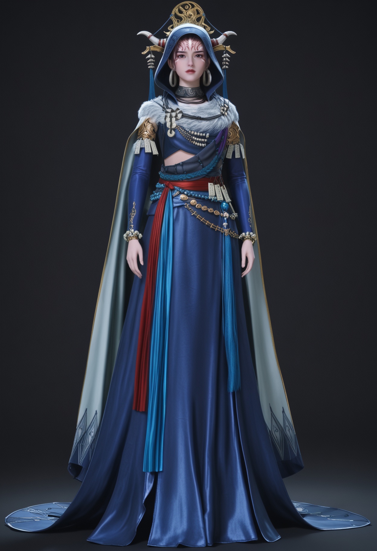 (looking_at_viewer:1.2),standing,full body,<lora:YQ_pony_houtuniangniang_V4:0.8>,q1528437228,solo,1girl,jewelry,hood,forehead mark,bracelet,hood up,earrings,horns,cape,cloak,black hair,brown hair,long sleeves,necklace,brown eyes,hoop earrings,fur trim,short hair,detached sleeves,black eyes,beads,dress,sash,long hair,robe,blue dress,belt,collar,long skirt,(simple background,pure black background,black background:1.1),perfect_anatomy,