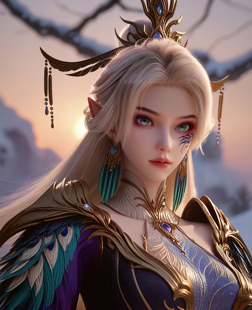 (making a snowman:1.1),looking at viewer,(large breasts:1.2),<lora:XL16云深不知梦燕倾霏穹冥本体:0.95>,miss yanqingfei,atropurpureus gown,heterochromia eyes with blue and red,facial mark,white hair,very long hair,hair ornament,hair bun,earrings,jewelry,pointy ears,, score_9,score_8_up,score_7_up,score_6_up,score_5_up,score_4_up,3d rendering,tag1,tag2, Cinematic Lighting,backlighting,