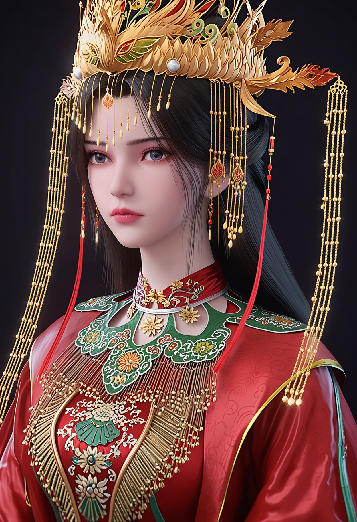 score_9,looking_at_viewer,large breasts,1girl,solo,long hair,chinese clothes,jewelry,hair ornament,black hair,dress,closed mouth,red dress,earrings,crown,realistic,long sleeves,brown hair,expressionless,tiara,wide sleeves,headdress,(simple background,pure black background,black background:1.1),perfect_anatomy,<lora:QQSponylimuwanhunfu:0.8>,