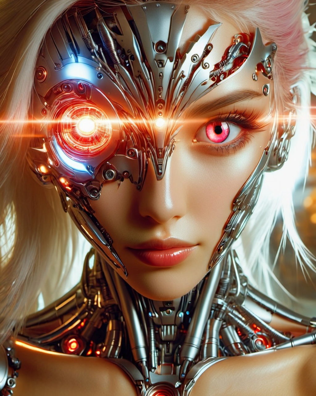gmlm, solo, close-up, glowing, white hair, portrait, lips, glowing eye, male focus, science fiction, red eyes, 1girl, lens flare, realistic, cyborg, closed mouth, looking at viewer, glowing eyes, robot, long hair, shiny, android, headgear, blurry, cyberpunk,<lora:gmlmSDXL-000014:0.9>(extremely detailed CG unity 8k wallpaper,masterpiece, best quality, ultra-detailed, beautiful detailed eyes:1.2),best illumination, (best shadow, an extremely delicate and beautiful, bloom),1gril,solo,pink eyes,pink hair, smile,