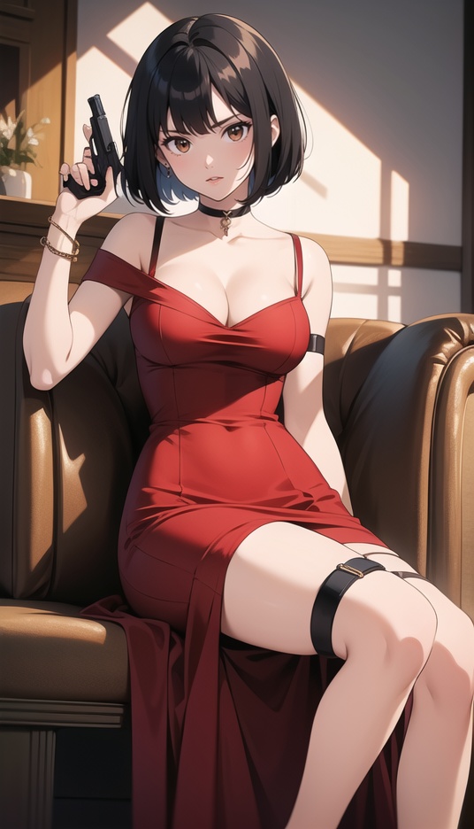 (best quality), ((masterpiece)), (highres), illustration, original, extremely detailed,1girl, weapon, solo, dress, gun, short hair, red dress, black hair, choker, breasts, cleavage, handgun, jewelry, medium breasts, thigh strap, brown eyes, holding, bracelet, high heels, holding weapon, bare shoulders, sitting, holding gun, side slit, bob cut, looking at viewer