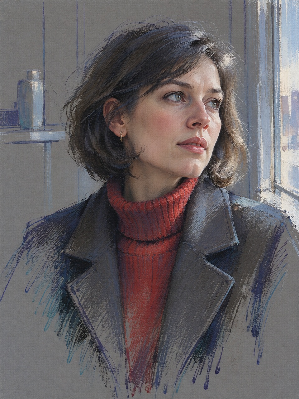 A young woman with short dark hair wearing a charcoal coat and a vivid red turtleneck,  turning toward someone outside the...