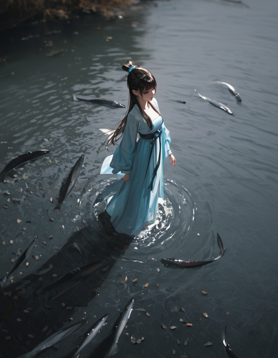 masterpiece,best quality,amazing quality,very aesthetic,absurdres,newest,(dino_(dinoartforame):0.3),(yoneyama mai:0.7),(quasarcake:0.5),from_above,1girl,gui_zhong,hanfu,standing by the river,there are many fish in the river,bright light and shadow,transparent river water,willows,