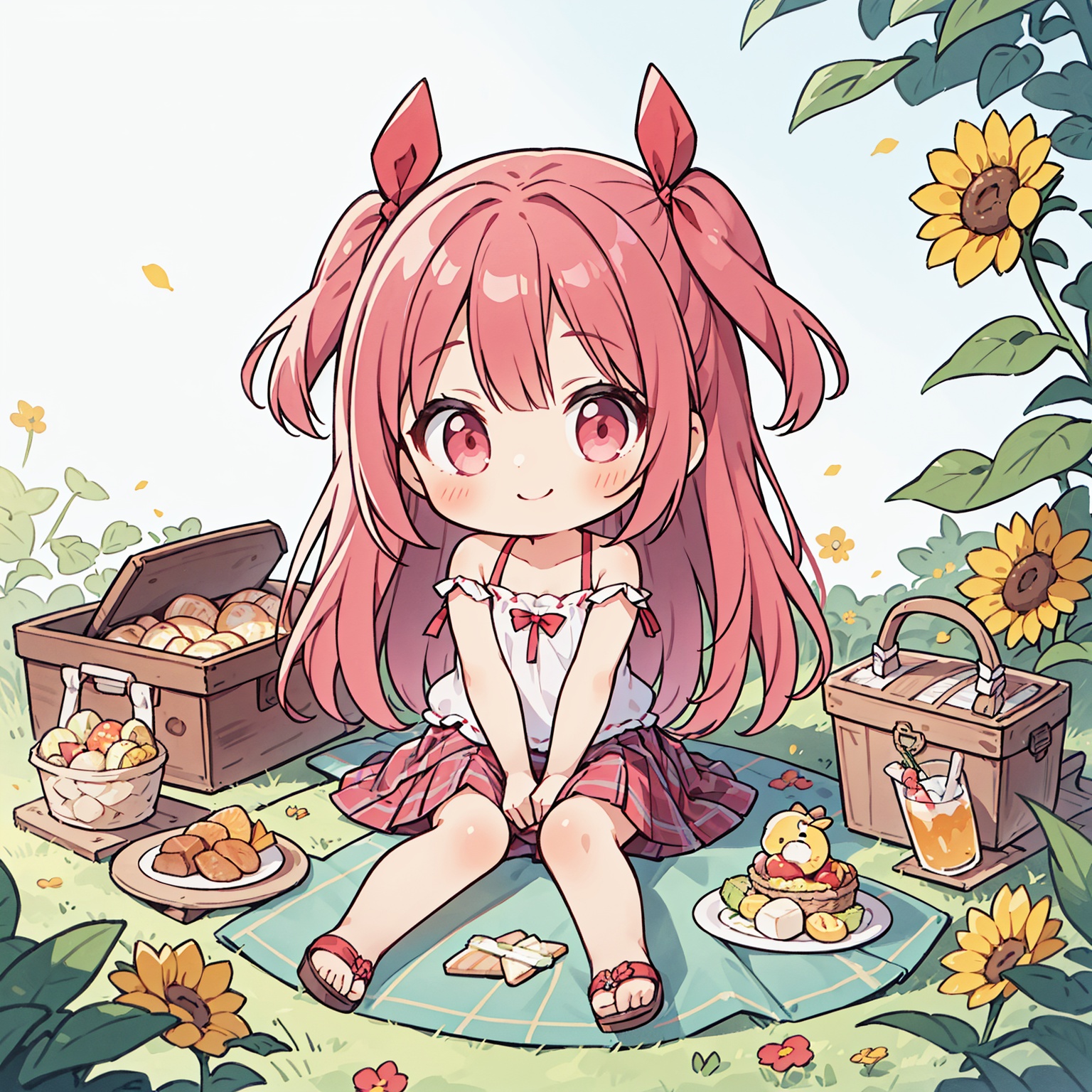 1girl, solo, flower, skirt, sandals, plaid skirt, two side up, sunflower, long hair, plaid, bare legs, looking at viewer, blush, pink hair, bare shoulders, pleated skirt, pink eyes, sitting, red hair, camisole, smile, full body,hair ribbon,picnic basket, outdoors, woodhouse,picnic basket, on grass,flowers,picnic Mat,snake,