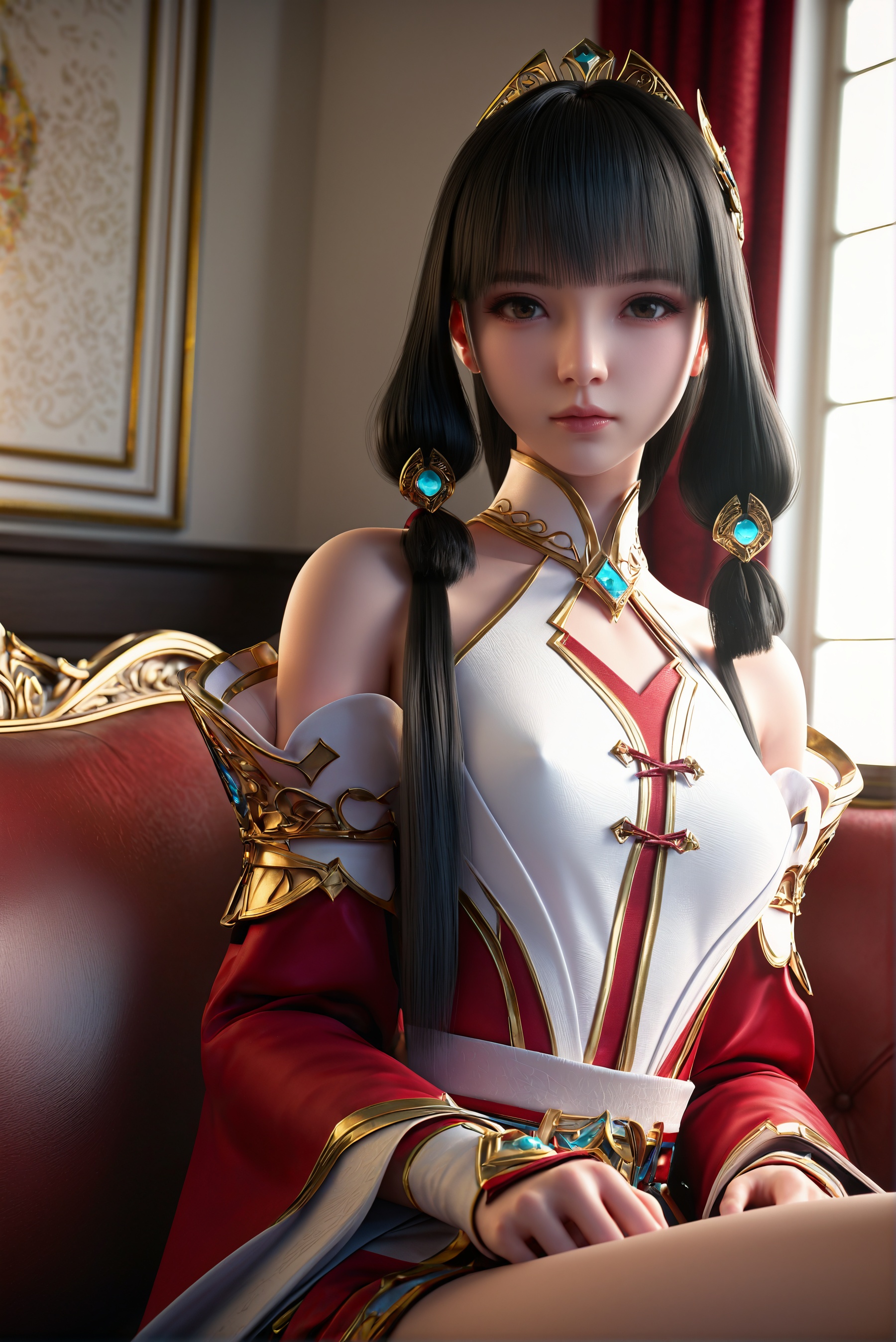 score_9,score_8_up,score_7_up,best quality,masterpiece,3d,ultra-detailed,high resolution,perfect lighting,flawless skin,Exquisite Craftsmanship,High-Resolution Beauty,Unparalleled Artistic Quality,extremely detailed CG unity 8k wallpaper,1girl,solo,<lora:云落-白帝城:0.7>,black hair,blunt bangs,brown hair,detached sleeves,hair ornament,jewelry,long hair,twintails,indoors, couch,