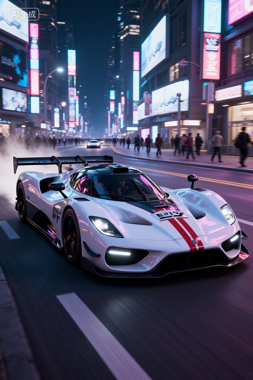 A high-speed CGI rendering of a sleek,white sports car with red racing stripes,labeled "SLRFF," speeding through a neon-lit,futuristic city street. The car's aerodynamic design features a large rear wing and tinted windows. The background showcases blurred pedestrians,glowing billboards,and urban architecture,creating a dynamic,vibrant atmosphere.,, Negative prompt: ng_deepnegative_v1_75t,(badhandv4:1.2),EasyNegative,(worst quality:2),,nsfw, Steps: 20, Sampler: Euler, CFG scale: 3.5, Seed: 3684774204, Size: 1024x1536, Model hash: 8cba4f1ef4, Model: F.1基础算法模型-哩布在线可运行_F.1-dev-fp8.safetensors, Denoising strength: 0, RNG: CPU, Lora 1: 20250924-1758728956383-0005, Lora Hash 1: ad89eec96e, Lora Weight 1: 0.8, vae_name: automatic