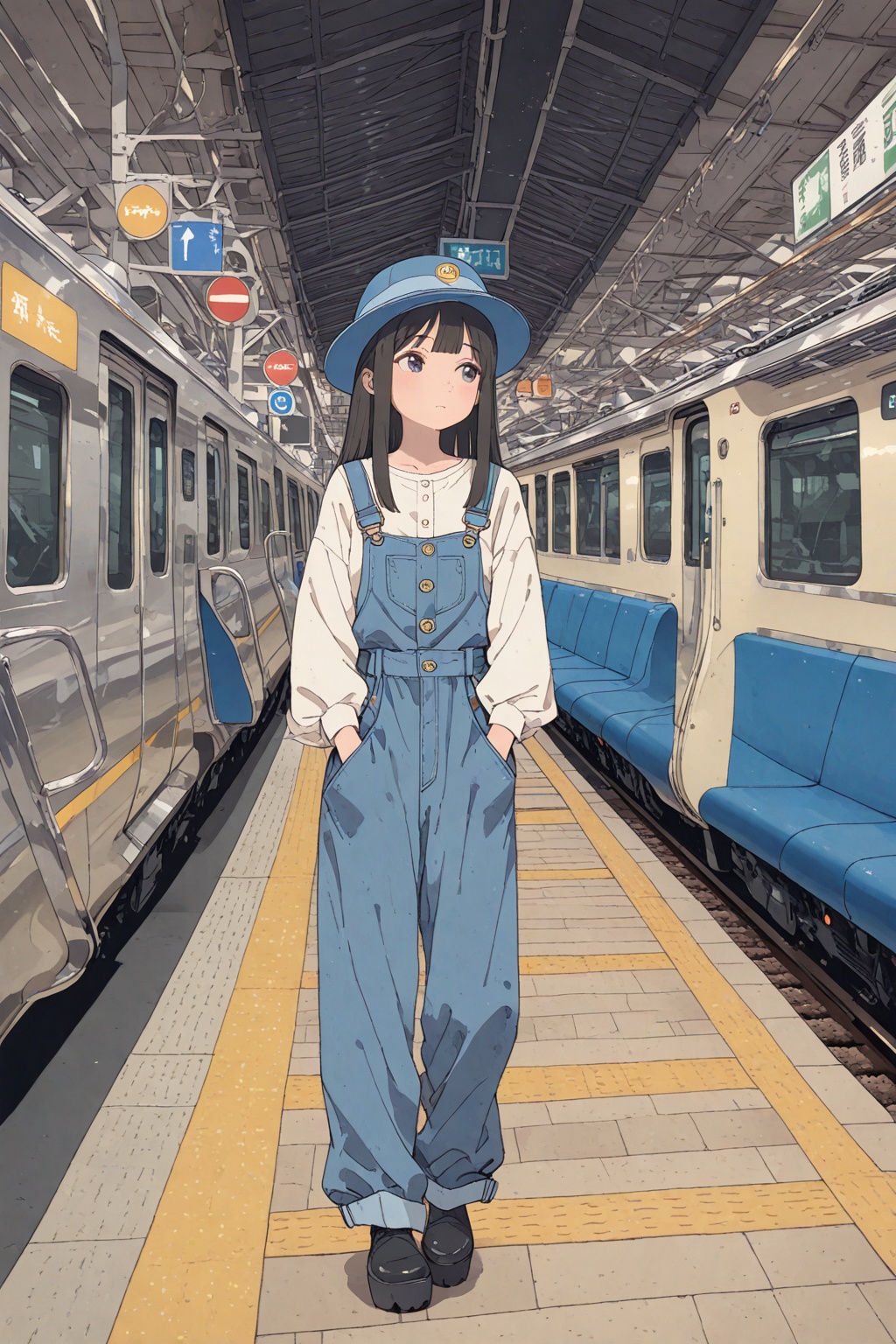 masterpiece,very aesthetic,absurdres,best quality,good quality,newest,highres,anime style,digital drawing,young woman standing on train platform,blue denim overalls with decorative buttons,white long-sleeve shirt,blue hat,black straight hair,fair skin,Japanese,background shows train tracks,other trains in distance,tiled platform floor,overhead metal roof structure,yellow safety line on platform edge,Japanese text on right side,urban setting,soft color palette,detailed shading,slightly melancholic atmosphere,mid-20s,casual outfit,realistic train station,slightly off-center composition,subtle textures,overalls have small pockets,relaxed posture,train station sign visible in background,contemporary,everyday life scene,subtle emotional tone,