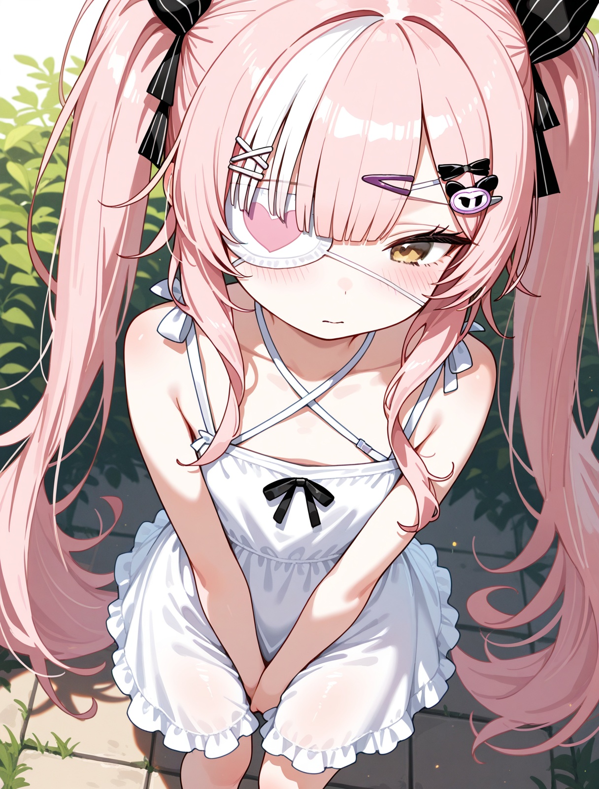 <lora:z47_IL_v1.0:1>,z47 \(azur lane\),eyepatch,solo,sundress,from above,hand between legs,standing,blush,, masterpiece,best quality,