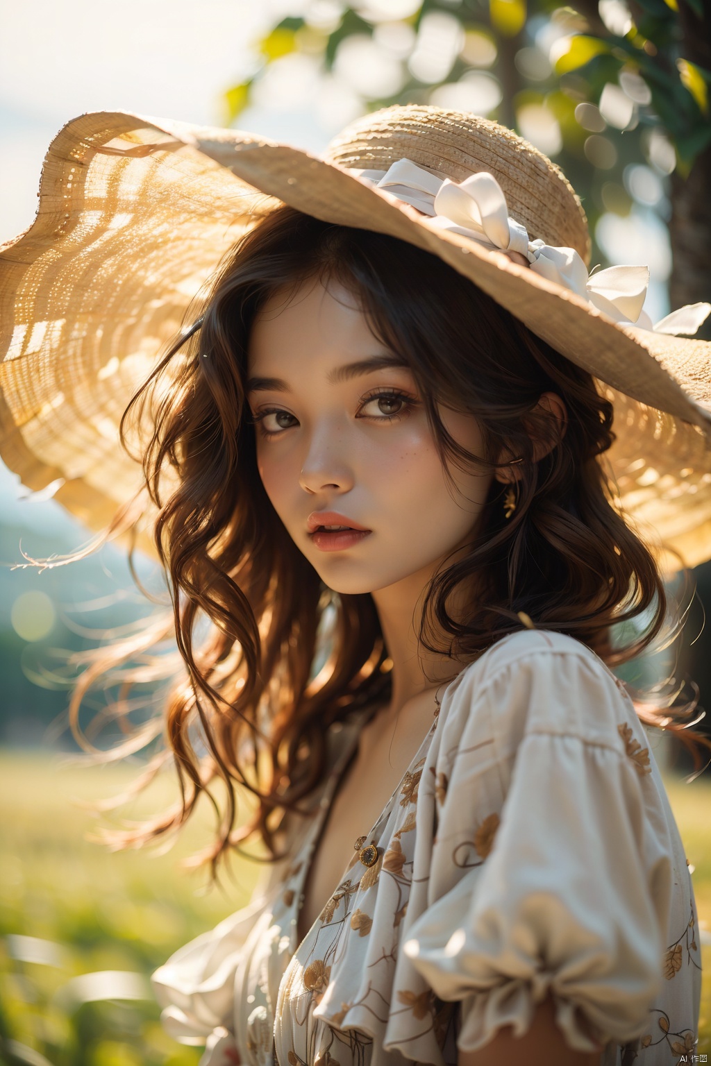 Best portrait photography,  35mm film,  natural blurry,  1girl,  sun dress,  wide brimmed hat,  radiant complexion,  whimsical pose,  fluttering hair,  golden sunlight,  macro shot,  shallow depth of field,  bokeh,  dreamy,  qiqiu,<lora:EMS-280320-EMS:0.600000>,<lora:EMS-257636-EMS:0.300000>