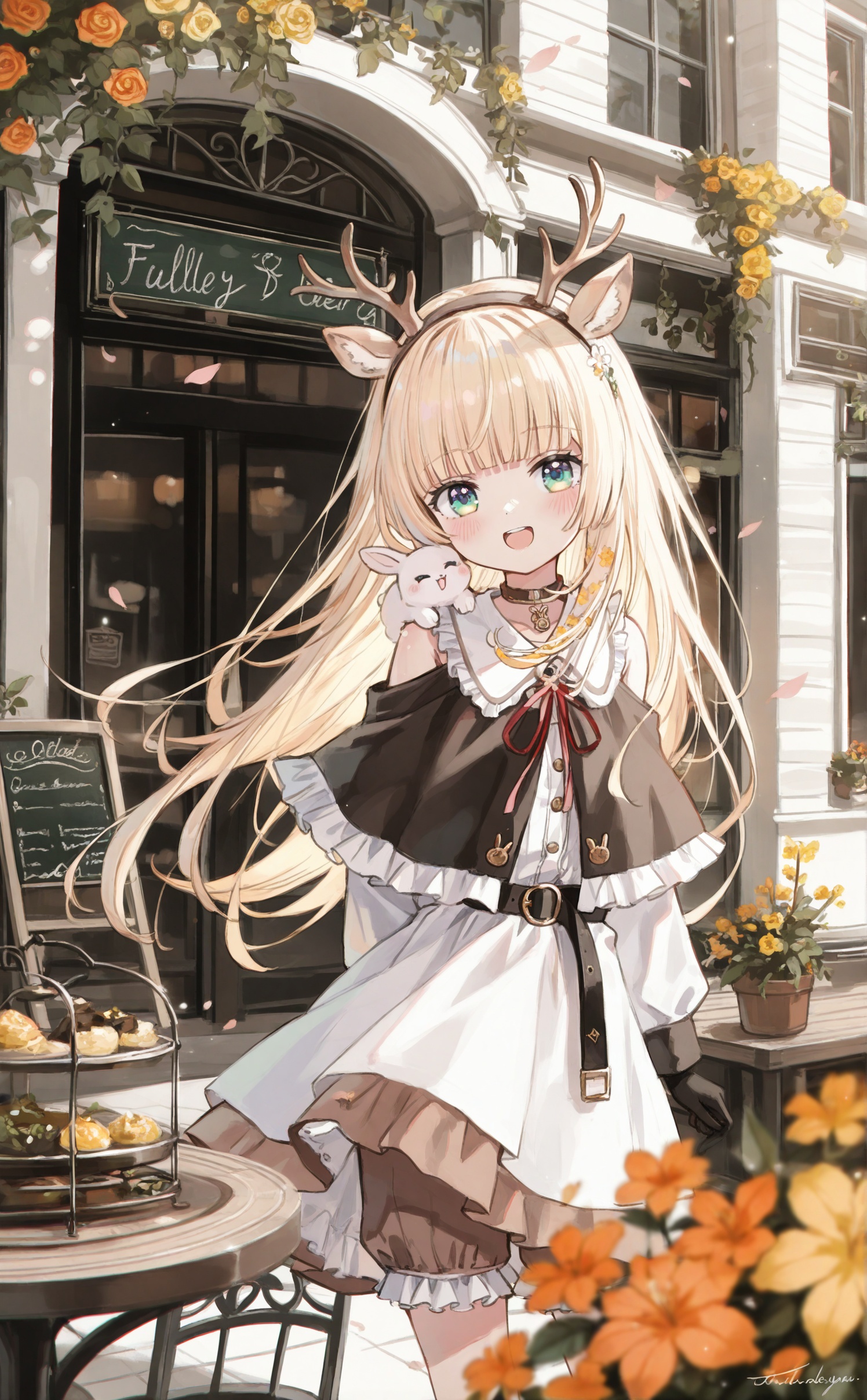 masterpiece,absurdres,best quality,loli,petite,high quality,chromatic_aberration,//,1girl, antlers, horns, capelet, neck ribbon, solo, deer ears, flower, long hair, animal ears, blonde hair, plant, looking at viewer, smile, frills, ribbon, white flower, door, open mouth, white shirt, shirt, arms behind back, red ribbon, outdoors, green eyes, window, black capelet, yellow flower, petals, table, chair, skirt, falling petals, day, standing, shop, brown capelet, storefront, :d, reindeer antlers, vines, shorts, cowboy shot, white skirt, rabbit ears, upper teeth only, deer antlers, teeth, dress, hanging plant, white shorts, virtual youtuber, frilled capelet, orange flower, potted plant, frilled shorts, frilled skirt, ivy, blurry, deer girl, very long hair, watermark, building, bloomers, fur-trimmed capelet, gloves, collar, sunlight, hairband, blush, sign, brown skirt, buttons, leaning forward, frilled collar, cafe, leaf, artist name, black gloves, menu board, floating hair, animal on shoulder, sleeveless, long sleeves, blunt bangs, white dress, depth of field, belt, collared shirt, blurry foreground, blue eyes, multicolored hair, choker, scenery, brown shorts, aqua eyes, dappled sunlight, bare shoulders, fur trim<lora:Nano_渡コキュー:0.8>,