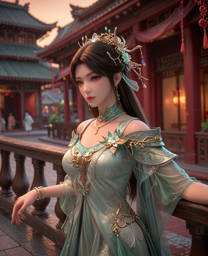 (oriental architecture, elegant decor, sophisticated style:1.1),(leaning against the handrail:1.1),(breasts:1.2),<lora:XL百炼成神溪幼琴:0.9>,miss xiyouqin,long hair,flower jewelry,brown hair,hair ornament,dress,earrings,green dress,bracelet,necklace,brown eyes,, zPDXL2, score_9, score_8_up, score_7_up BREAK realistic, masterpiece,best quality, highly detailed,, zPDXL3, zPDXL2,zPDXL, zPDXLxxx, zPDXLrl,