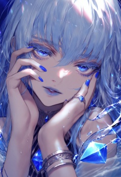 best quality, masterpiece, 1girl, solo, blue eyes, blue nails, jewelry, blue hair, gem, looking at viewer, nail polish, bangs, blue theme, hand on own face, bracelet, parted lips, blue gemstone, hair between eyes, portrait, white hair, water, lips, long hair, eyelashes  <lora:rsefXLlokr4f-000143:0.95>