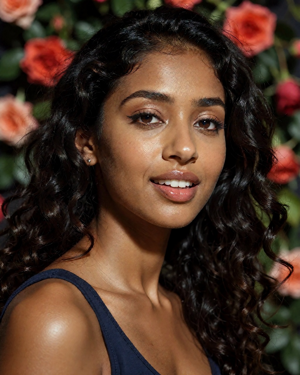 Portrait photograph in warm bokeh lighting,  featuring an Indian woman aged 24 with rich dark brown skin tone; she has vol...