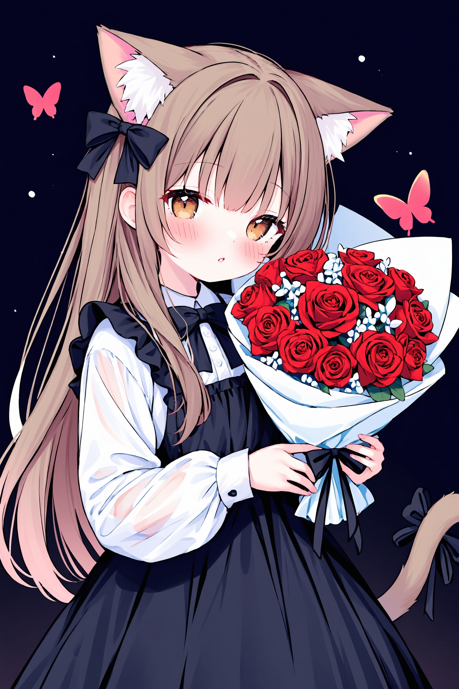 1girl,loli,solo,long hair,looking at viewer,blush,bangs,brown hair,shirt,hair ornament,long sleeves,dress,bow,ribbon,holding,animal ears,brown eyes,tail,white shirt,upper body,flower,hair bow,parted lips,cat ears,bowtie,black dress,cat tail,animal ear fluff,see-through,black bow,rose,bug,cat girl,red flower,butterfly,extra ears,red rose,bouquet,tail ornament,holding bouquet,tail ribbon,tail bow,,<lora:Leafpie 1.0:0.6>,