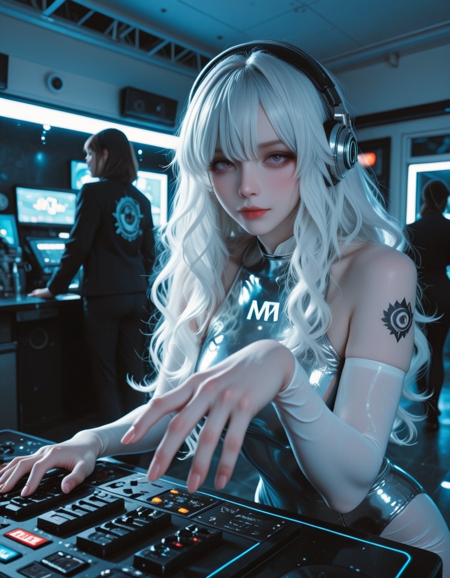 Remote wide-angle front-view anime-style digital illustration of a cool,  extremely beautiful woman standing behind a DJ b...