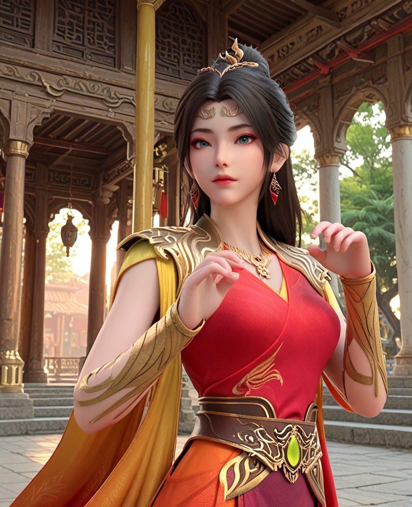 (oriental architecture, elegant decor, sophisticated style:1.1),(practicing yoga, tree pose:1.1),(breasts:1.2),<lora:XL神墓东方凤凰:0.95>,miss dongfangfenghuang,red dress,sash,pauldrons,necklace,blue eyes,black hair,hair ornament,hair bun,earrings,jewelry,shawl sleeves,bracer,, score_9,score_8_up,score_7_up,score_6_up,score_5_up,score_4_up,3d rendering,tag1,tag2, Cinematic Lighting,backlighting,