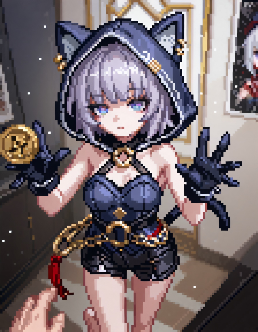 Sophie \(honkai_star_rail\),Depth of field,light particles,lens flare,(artist: quasarcake:0.8),extreme aesthetic,(wrop:0.6),wanke,rella,wanke,masterpiece,best quality,good quality,new,year 2024,year 2023,very aesthetic,absurdres,Visual impact,Electromotive force,perspective composition,a shot with HD,ultra-high resolution,32a-high,best quality,masterpiece,Emotionalization masterpiece,unconventional supreme,masterful details,with a high-end texture,in the style of fashion photography,(Visual impact:1.2),giving the poster a dynamic and visually striking appearance,impactful picture,official art,colorful,splash of color,movie perspective,masterpiece,best quality,amazing quality,very aesthetic,absurdres,best quality,good quality,new,best quality,cowboy shot,looking at viewer,solo focus,face focus,eyes focus,dynamic angle,barefoot,solo,1girl,cat ears,white hair,mischievous,pinching a gold coin,glowing gold coin,cattail,beautiful legs,blue eyes,gloves,foot,Sophie \(honkai_star_rail\),grey hair,cat hood,cat tail,blue eyes,cat ears,