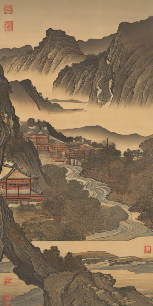 Song Dynasty ,A Thousand Miles of Rivers and Mountains，Song Dynasty landscape painting， <lora:鲜创一派@宋代山水画_Song Dynasty landscape painting:0.8>