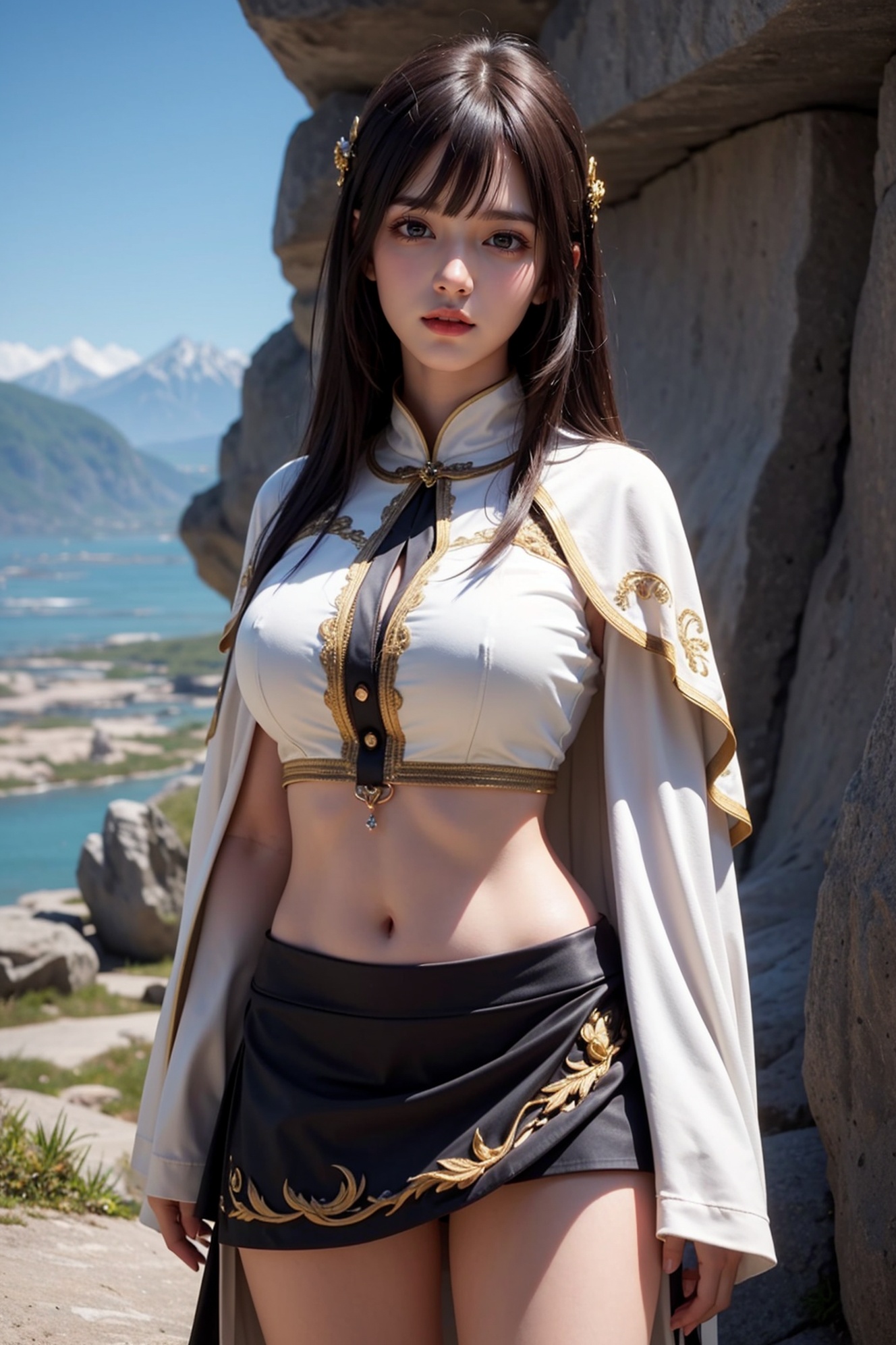 ultra realistic 8k cg,picture-perfect face,perfect face,beautiful face,masterpiece,fantasy,detailed background,realistic,perfect female body,curvy body,skindentation:1.3,intricate detail,cowboy shot,1girl,solo,mountain,sky,cape,long hair,rocks,sky,(skirt),(bangs),full body,