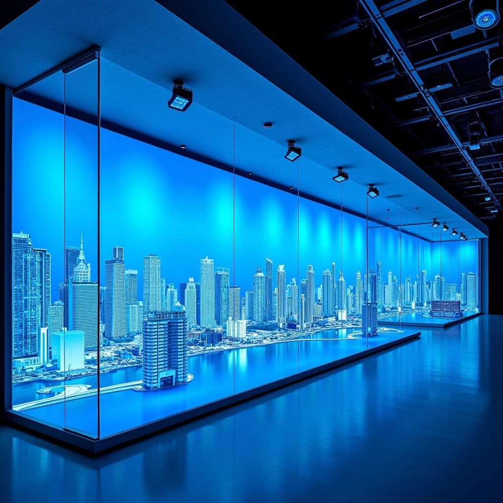 there is a large blue display with a model of a city in it,led display,giant led screens,3dexcite,led displays,bright blue future,transparent building,global lighting,exhibition display,digital displays,corporate holograms,transparent glass surfaces,large led screens,huge glass structure,exhibition hall lighting,sony 14mm f2.8,qled,sigma 1 0 - 2 0 mm,large commercial led screens,technological longcoat,huge viewscreen at front,zeiss 14mm f1.8,giant hall,autodesk blueprint,megastructure background,zeiss 18mm f2.8,futuristic hall,wide angle exterior 2022,led screens,zeiss 24mm f2.8,promotional still wide angle,dynamic blue sky,photograph of 3d ios room,