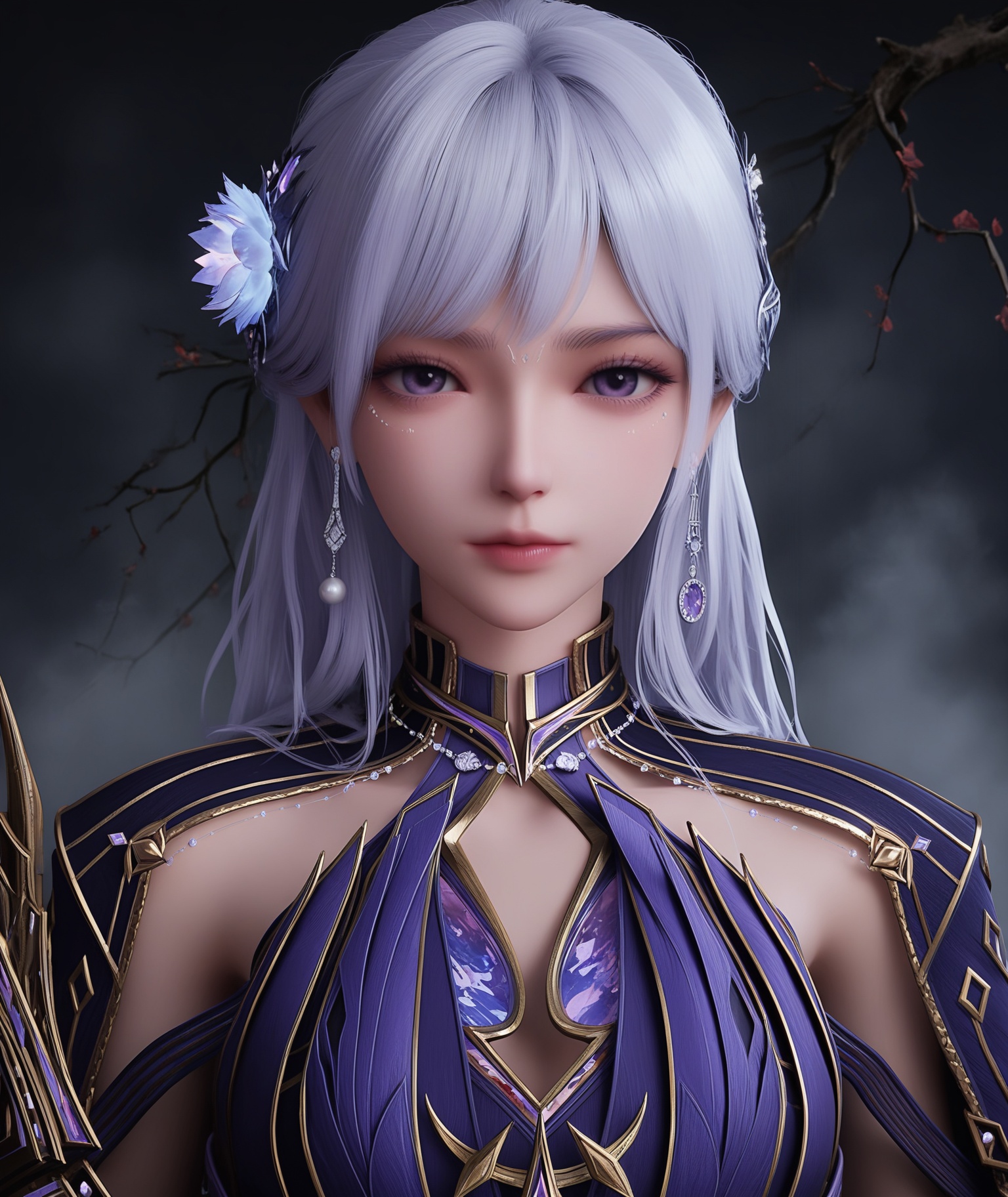 (score_9),masterpiece,best quality,absurdres,highres,(white_skin),light_skin,BREAKcollarbone,<lora:彩儿-ill-000008:0.83>,caier,1girl,solo,long hair,hair ornament,jewelry,earrings,hair flower,purple eyes,white hair,looking at viewer,front view,face_foucs,BREAKsimple background,black background,Tyndall effect,fog,branch,twig,