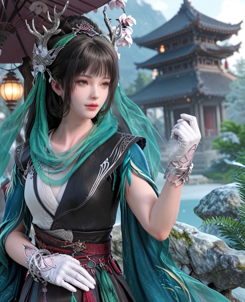 (oriental architecture, elegant decor, sophisticated style:1.1),(flexing:1.1),(breasts:1.2),<lora:XL剑网三陈月宗主:0.95>,miss chenyue,dress,black hair,hair ornament,earlock,blunt bangs,white gloves,belt,scarf,bracelet,, score_9,score_8_up,score_7_up,score_6_up,score_5_up,score_4_up,3d rendering,tag1,tag2, Cinematic Lighting,backlighting,