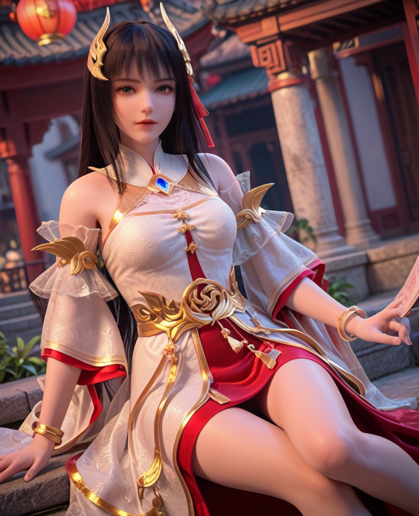 (oriental architecture, elegant decor, sophisticated style:1.1),knees to chest,(breasts:1.2),<lora:XL完美世界灵凤:0.95>,miss lingfeng,solo,white dress,sash,red underskirt,detached sleeves,green eyes,mole under left eye,black hair,bangs,long hair,hair ornament,bare shoulders,wide sleeves,gem,jewelry,bracelet,barefoot,anklet,, zPDXL2, score_9, score_8_up, score_7_up BREAK realistic, masterpiece,best quality, highly detailed,, zPDXL3, zPDXL2,zPDXL, zPDXLxxx, zPDXLrl,