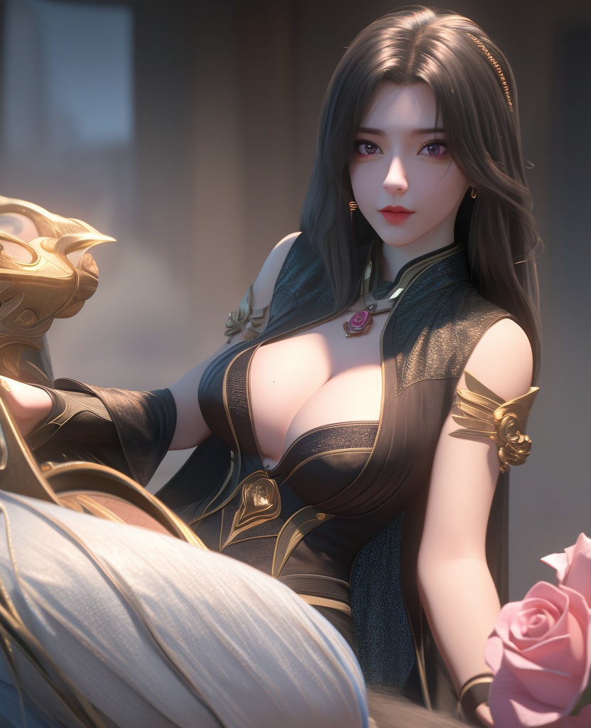 <lora:549-DA-百炼成神-司妙玲:0.8>(,1girl, ,best quality, ),looking at viewer,masterpiece, (( , )),, realistic,science fiction,mole, ultra realistic 8k cg, sun ,  rose,(cleavage), (),