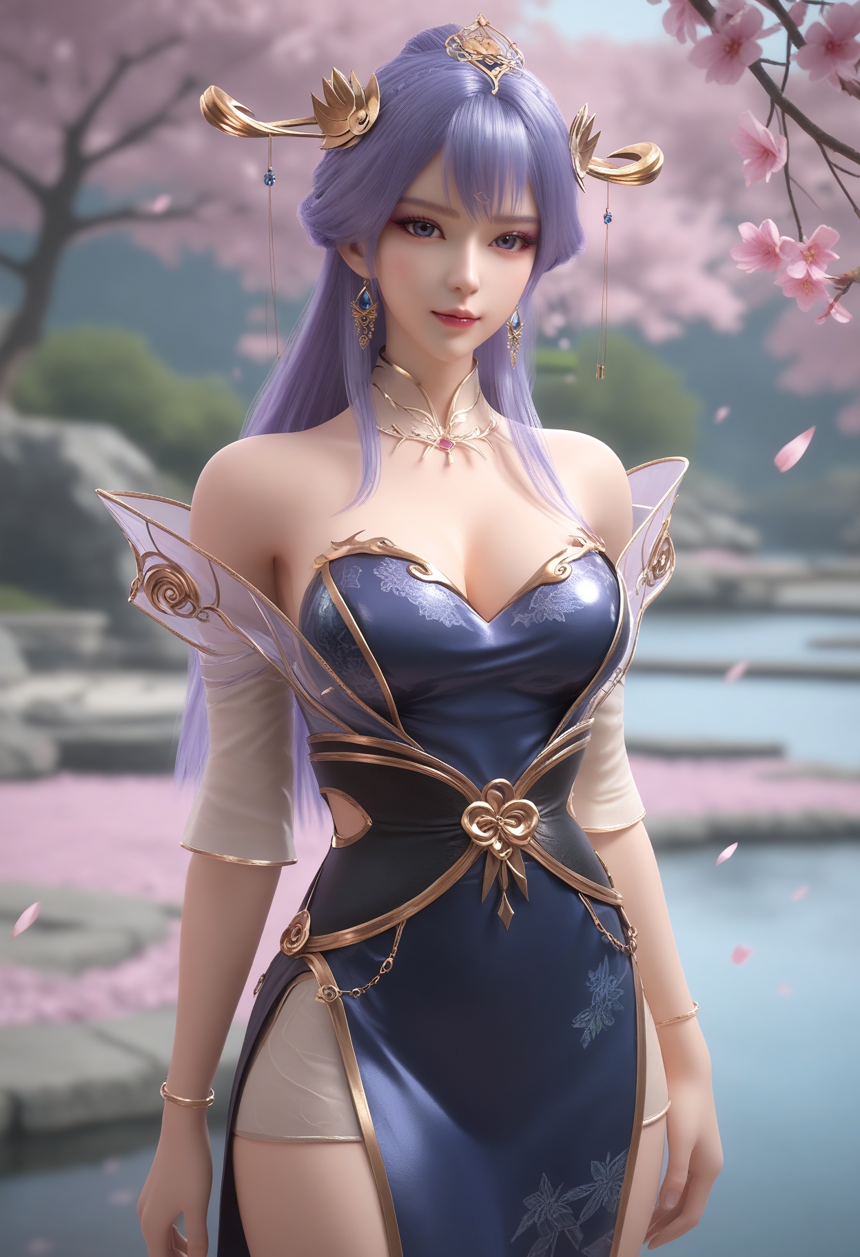 score_9,score_8_up,score_7_up,high detail,best quality,cinematic lighting,volumetric lighting,shiny skin,shiny,1girl,solo,long hair,earrings,hair_ornament,breast,dress,jewelry,long hair,purple hair,bare shoulders,shiny,detached collar,cowboy_shot,looking_at_viewer,solo focus,blurry background,depth of field,large_breasts,Tranquil garden pond surrounded by cherry blossoms,Vibrant cherry blossom park in full bloom,day,suneate,<lora:QQSponytianqiongV1:0.8>,<lora:Pony_DetailV2.0:0.8>,<lora:皮肤凹痕:0.1>,